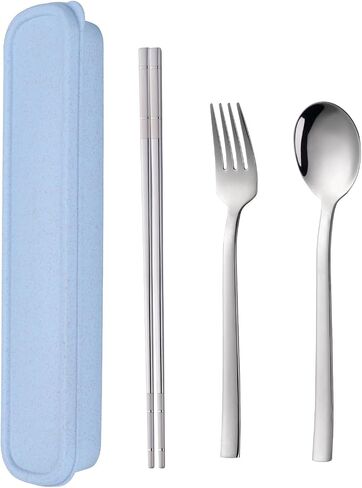 Travel Utensils, 18/8 Stainless Steel 4pcs Cutlery Set Portable Camp Reusable Flatware Silverware, Include Fork Spoon Chopsticks with Wheat Case (Silver) in Kuwait