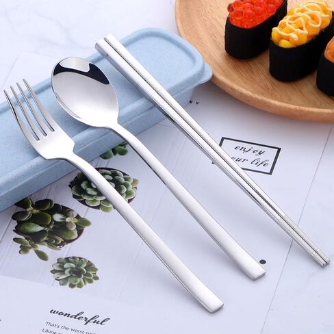 Travel Utensils, 18/8 Stainless Steel 4pcs Cutlery Set Portable Camp Reusable Flatware Silverware, Include Fork Spoon Chopsticks with Wheat Case (Silver) in Kuwait