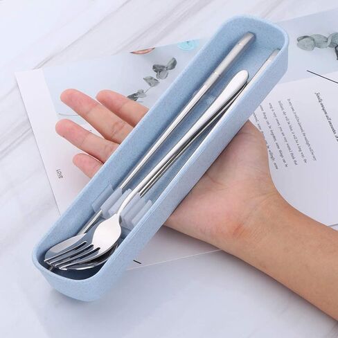 Travel Utensils, 18/8 Stainless Steel 4pcs Cutlery Set Portable Camp Reusable Flatware Silverware, Include Fork Spoon Chopsticks with Wheat Case (Silver) in Kuwait