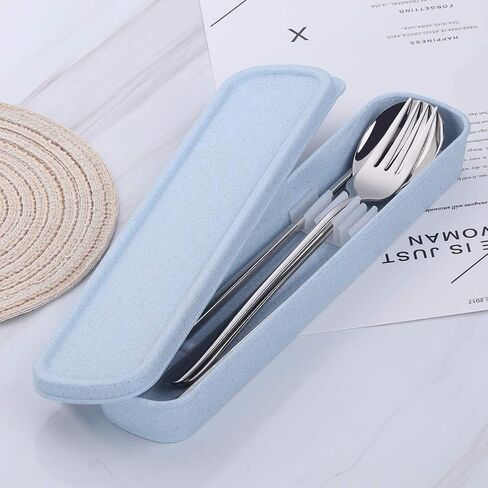 Travel Utensils, 18/8 Stainless Steel 4pcs Cutlery Set Portable Camp Reusable Flatware Silverware, Include Fork Spoon Chopsticks with Wheat Case (Silver) in Kuwait