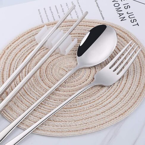 Travel Utensils, 18/8 Stainless Steel 4pcs Cutlery Set Portable Camp Reusable Flatware Silverware, Include Fork Spoon Chopsticks with Wheat Case (Silver) in Kuwait