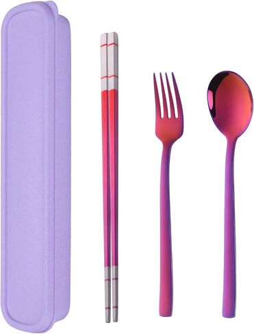 Travel Utensils, 18/8 Stainless Steel 4pcs Cutlery Set Portable Camp Reusable Flatware Silverware, Include Fork Spoon Chopsticks with Wheat Case (Silver) in Kuwait