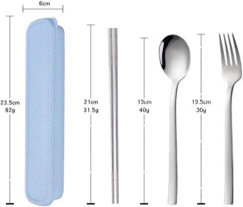 Travel Utensils, 18/8 Stainless Steel 4pcs Cutlery Set Portable Camp Reusable Flatware Silverware, Include Fork Spoon Chopsticks with Wheat Case (Silver) in Kuwait