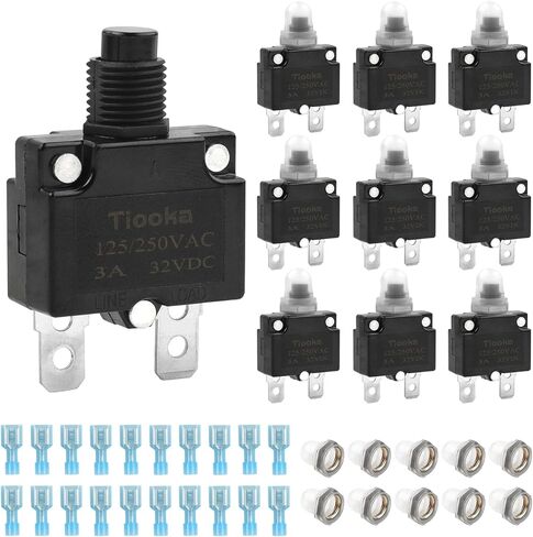 5Amp Thermal Circuit Breaker Assortment Kit Push Button Manual Reset 125/250V AC 32V DC Quick Connect Terminals Waterproof Button Caps for Overload Protection Applications 10Pcs in Saudi Arabia