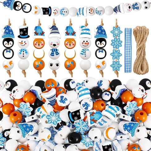 Cinnvoice 240 Pcs Christmas Wood Beads with Twine Santa Gingerbread Man Elf Penguin Snowman Wooden Beads Garland Christmas DIY Crafts Round Beads for Xmas Winter Party Farmhouse Home Decor in Kuwait