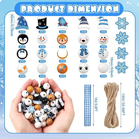 Cinnvoice 240 Pcs Christmas Wood Beads with Twine Santa Gingerbread Man Elf Penguin Snowman Wooden Beads Garland Christmas DIY Crafts Round Beads for Xmas Winter Party Farmhouse Home Decor in Kuwait