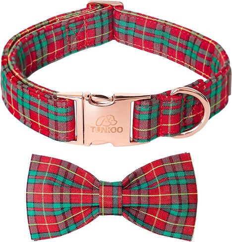 Tunkoo Christmas Dog Collar with Bow Tie - Super Cute Red Cotton Plaid Pet Collar, Adjustable Available in Small Medium Large for Girls Boys Dogs, M in Kuwait
