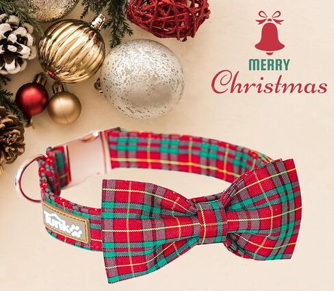 Tunkoo Christmas Dog Collar with Bow Tie - Super Cute Red Cotton Plaid Pet Collar, Adjustable Available in Small Medium Large for Girls Boys Dogs, M in Kuwait