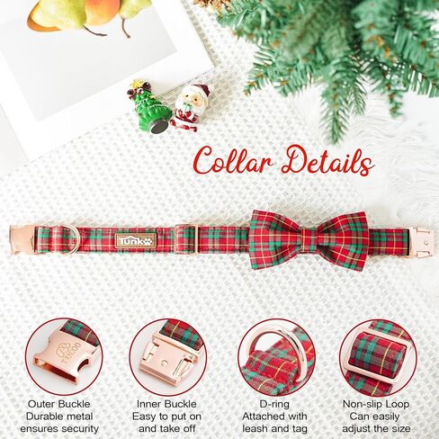 Tunkoo Christmas Dog Collar with Bow Tie - Super Cute Red Cotton Plaid Pet Collar, Adjustable Available in Small Medium Large for Girls Boys Dogs, M in Kuwait