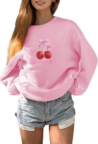 GORGLITTER المرأة الكرز القوس البلوز Crewneck كم طويل لطيف المتضخم البلوز قمة الخريف موضة الخريف الموضة in Saudi Arabia