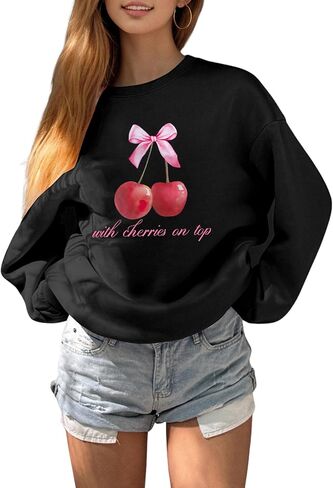 GORGLITTER Women's Cherry Bow Sweatshirt Crewneck Long Sleeve Cute Oversized Pullover Top Fall Fashion Fall Fashion in Saudi Arabia