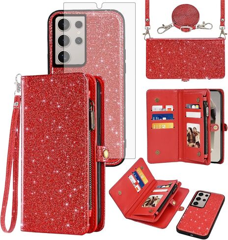 Asuwish Phone Case for Samsung Galaxy S24 Ultra 5G Zipper Wallet Detachable Cell Cover with Tempered Glass Screen Protector Wrist Strap Flip Card Holder Slot S24Ultra 24S S 24 24Ultra Women Rosegold in Saudi Arabia
