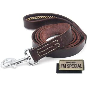 Leather Dog Leash 6Ft&1'' Wrapped Handle Italy Cowhide(Never Fading) Heavy Duty Padded Lead for Medium, Large Dogs Training and Walking (Brown)