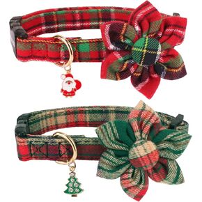 ADOGGYGO Christmas Dog Collar with Flower, Classic Buffalo Plaid Dog Christmas Collar with Removable Floral, Adjustable Red Green Christmas Collars for Medium Dogs (Medium, Plaid Floral)