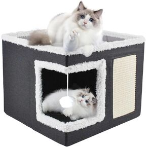 Cat Bed for Indoor Cats Cube House,Large Covered Cat Beds Cave & Furniture with Fluffy Ball and Scratch Pad Foldable Hideaway Nest & Condo with Washable Mat for Kitten Kitty Small Pet(Grey)
