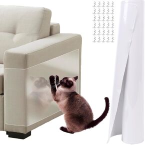 Cat Scratch Protector for Couch Furniture - Anti Scratch Trimmable Traning Tape (118"x 15.75"), Cat Scratch Deterrent for Furniture, Clear Cat Scratch Protector for Couch Sofa with 30 Twist Pins