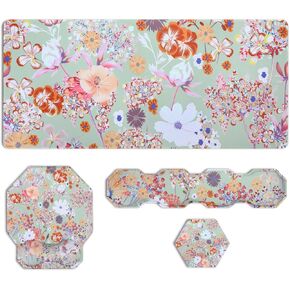 MOSISO Extended Gaming Mouse Pad&Hexagon Keyboard Wrist Rest&Mousepad with Wrist Support&Coaster, Ergonomic Non-Slip Base Pad Set&Easy Typing Cushion with Memory Foam for Home Office, Flourish Flowers