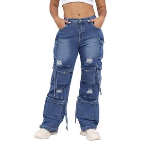 ThusFar Women's High Waist Baggy Jeans Flap Pocket Cargo Pants Loose Denim Pants Streetwear