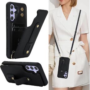 Crossbody Wallet Case for Samsung Galaxy S24 Ultra, RFID Blocking PU Leather Lanyard with Card Slots Holder Wrist Strap Kickstand Cover for Women Case for Samsung S24 Ultra.Removable Black