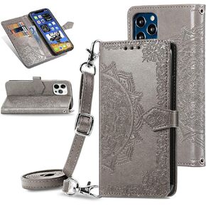 QLTYPRI Case for iPhone 12 Pro Max, Crossbody Phone Case with Card Slot Holder Wrist Strap Purse Cute Mandala Pattern with Adjustable Cross Shoulder Strap Cover for iPhone 12 Pro Max - Black