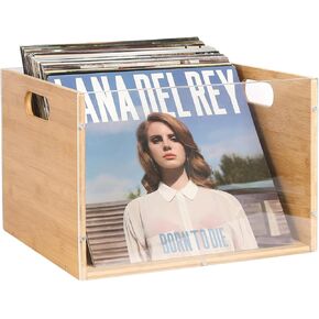X-cosrack Acrylic Vinyl Record Storage, Wooden Record Holder Crate, Classic Cube Album Storage Box, Record Shelf Organizer with Handle Great for Storing Vinyl ​Record LP's/Albums