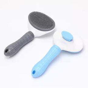 Self-Cleaning Pet Brush - One-Click Release Dog and Cat Grooming Tool with Oval Design for Easy Deshedding and Massage, Available in Sky Blue and Grey