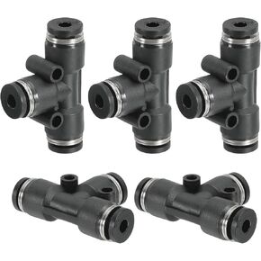 PATIKIL 1/4 inch OD Tee Plastic Push to Connect Fittings, 2 Pack T Shaped 3 Ways Tube Connect Push Fit Push Lock PE-1/4 for Air Water RO System, Black