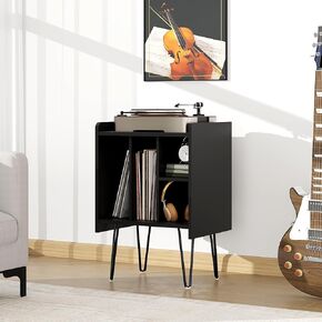 Black Record Player Stand with Vinyl Storage, Record Player with Vinyl Record Storage, Turntable Stand,Record Player Table Holder Dispaly Shelf for Living Room Bedroom (Mid-Century Modern)