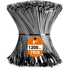 Zip Ties, RAZCC 1200pcs Black Cable Zip Ties 8 Inch, Heavy Duty Plastic Wire Ties with 70lb Tensile Strength, Self-Locking Black Nylon Tie Wraps for Indoor and Outdoor