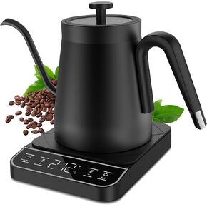 Electric Gooseneck Kettle, ±1℉ Temperature Control One Click 197℉ Pour Over Kettle for Coffee & Brew Tea, Hot Water Boiler, Stainless Steel Inner Quick Heating and Keep Warm, 0.8L/27oz Black