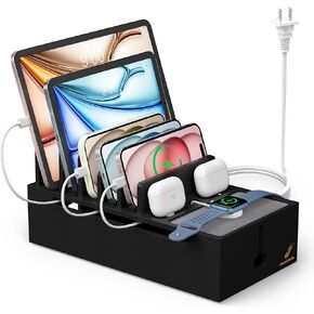 Cell Phone Charging Station for Multi Devices, All in One Desktop Charger Organizer, with Power USB Charge Adapter and 5 Cables, Use As Power Strip Hidden Box -Natural Bamboo Color
