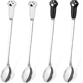 4 PCS Dog Food Scoop Cute Pet Can Spoon Stainless Steel Wet Cat Food Storage Long Handle Claw Ladle Portable Small Feeder Scoop for Dog Cat Feed Canned (White Black)