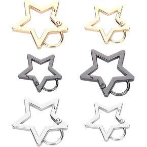 6 PCS Star Shaped Carabiner Keychain Clip, Cute Cool Star Key Ring Clips Keyring Buckle, Black Silver Gold Heavy Duty Zinc Alloy Carabiner Keychain for Keys, Wallet and Key Chains Accessories(S&M)