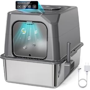 Smart Odor Control XXL Stainless Steel Litter Box Extra Large Metal Litter Box for Big Cats, Multiple Cats Enclosed Litter Box with Lid, Easy Clean, Anti-Urine Leakage, with Scoop