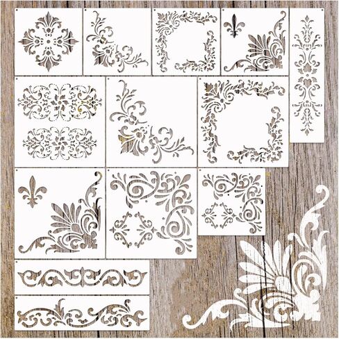 Corner Border Stencils for Crafts, Mexican Flower Floral Lace Furniture Stencils for Painting on Wood Reusable Wood Burning Drawing Art Paint Patterns for Wall Cookie Canvas Floor(Border) in Saudi Arabia
