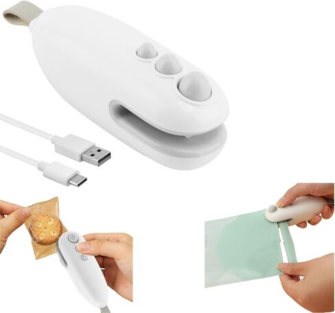 مانع تسرب الأكياس الصغيرة، 2 في 1 مانع تسرب الحرارة مع قطاعة، مانع تسرب الأكياس المحمولة القابلة لإعادة الشحن عبر USB مع سدادة حرارية مغناطيسية محمولة، أداة مطبخ للحفاظ على الطعام طازجًا والوجبات الخفيفة مقرمشة in Kuwait