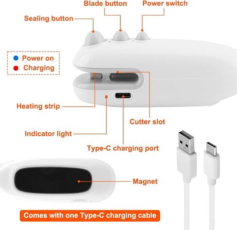 مانع تسرب الأكياس الصغيرة، 2 في 1 مانع تسرب الحرارة مع قطاعة، مانع تسرب الأكياس المحمولة القابلة لإعادة الشحن عبر USB مع سدادة حرارية مغناطيسية محمولة، أداة مطبخ للحفاظ على الطعام طازجًا والوجبات الخفيفة مقرمشة in Kuwait