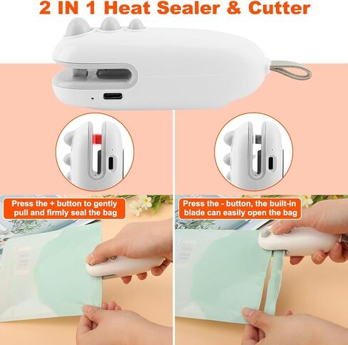 مانع تسرب الأكياس الصغيرة، 2 في 1 مانع تسرب الحرارة مع قطاعة، مانع تسرب الأكياس المحمولة القابلة لإعادة الشحن عبر USB مع سدادة حرارية مغناطيسية محمولة، أداة مطبخ للحفاظ على الطعام طازجًا والوجبات الخفيفة مقرمشة in Kuwait
