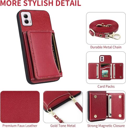 Phone Case for Motorola Moto G Power 5G 2024 Wallet Cover with Crossbody Shoulder Strap and Leather Credit Card Holder Flip Purse Pocket Slim Stand Cell Accessories G5 Girls Women Men Red in Kuwait