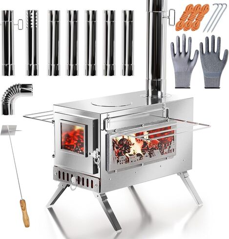 موقد خيمة - موقد حرق الخشب للتخييم، موقد خيمة ساخن محمول من الفولاذ المقاوم للصدأ مع 8 أنابيب مدخنة (5.9 قدم)، موقد خشبي للخيمة للطهي في الهواء الطلق، والتخييم، والمشي لمسافات طويلة، وصيد الأسماك على الجليد، والصيد in Kuwait