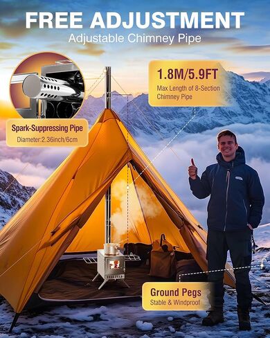 موقد خيمة - موقد حرق الخشب للتخييم، موقد خيمة ساخن محمول من الفولاذ المقاوم للصدأ مع 8 أنابيب مدخنة (5.9 قدم)، موقد خشبي للخيمة للطهي في الهواء الطلق، والتخييم، والمشي لمسافات طويلة، وصيد الأسماك على الجليد، والصيد in Kuwait