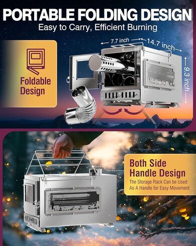 موقد خيمة - موقد حرق الخشب للتخييم، موقد خيمة ساخن محمول من الفولاذ المقاوم للصدأ مع 8 أنابيب مدخنة (5.9 قدم)، موقد خشبي للخيمة للطهي في الهواء الطلق، والتخييم، والمشي لمسافات طويلة، وصيد الأسماك على الجليد، والصيد in Kuwait