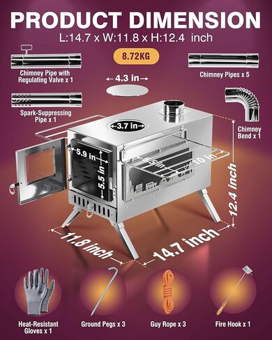 موقد خيمة - موقد حرق الخشب للتخييم، موقد خيمة ساخن محمول من الفولاذ المقاوم للصدأ مع 8 أنابيب مدخنة (5.9 قدم)، موقد خشبي للخيمة للطهي في الهواء الطلق، والتخييم، والمشي لمسافات طويلة، وصيد الأسماك على الجليد، والصيد in Kuwait