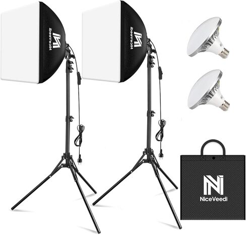 Softbox Photography Lighting Kit, NiceVeedi 20" Softbox Lighting Kit with 5400K 650W Equivalen LED Bulbs & 63" Tripod Stand, Studio Light Kit for Photography Portraits Advertise Shooting, Video Record in Kuwait