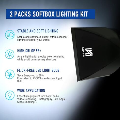 Softbox Photography Lighting Kit, NiceVeedi 20" Softbox Lighting Kit with 5400K 650W Equivalen LED Bulbs & 63" Tripod Stand, Studio Light Kit for Photography Portraits Advertise Shooting, Video Record in Kuwait