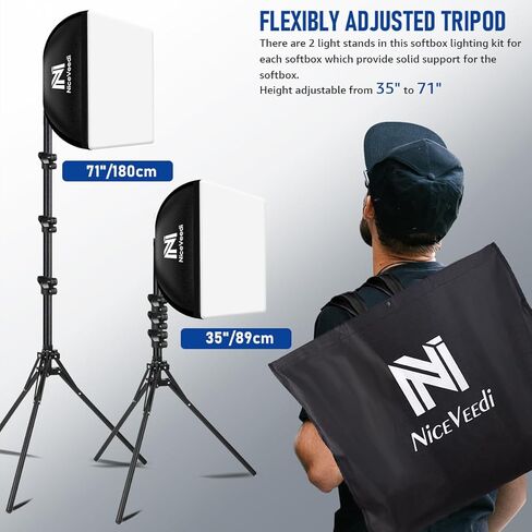 Softbox Photography Lighting Kit, NiceVeedi 20" Softbox Lighting Kit with 5400K 650W Equivalen LED Bulbs & 63" Tripod Stand, Studio Light Kit for Photography Portraits Advertise Shooting, Video Record in Kuwait