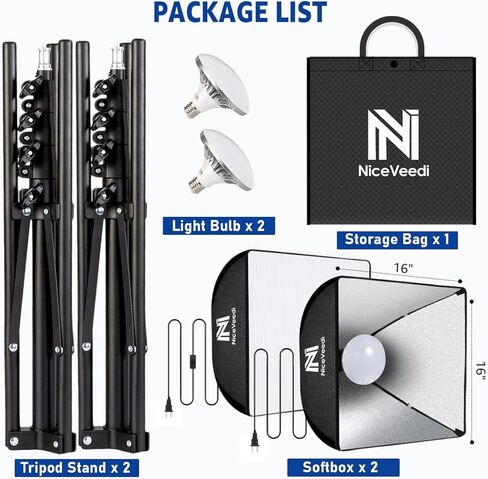 Softbox Photography Lighting Kit, NiceVeedi 20" Softbox Lighting Kit with 5400K 650W Equivalen LED Bulbs & 63" Tripod Stand, Studio Light Kit for Photography Portraits Advertise Shooting, Video Record in Kuwait