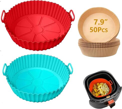Air Fryer Liners - 50 Pcs Disposable Paper Liners and 2 Pack Reusable Air Fryer Silicone Liners - Air Fryer Liners for a Clean and Hassle-Free Experience (red+blue) in Saudi Arabia