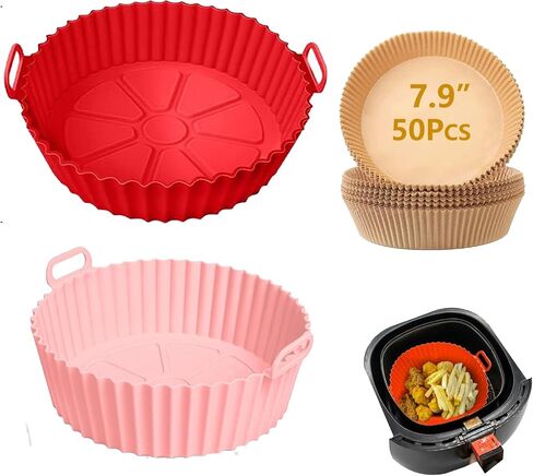 Air Fryer Liners - 50 Pcs Disposable Paper Liners and 2 Pack Reusable Air Fryer Silicone Liners - Air Fryer Liners for a Clean and Hassle-Free Experience (red+blue) in Saudi Arabia