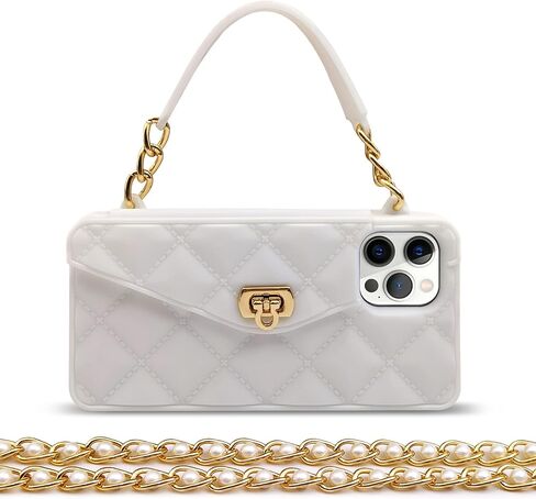 Omio Compatible with iPhone 16 Wallet Case with Card Holder Luxury Chain Case with Long Pearl Shoulder Crossbody Lanyard Wrist Strap Soft Silicone Handbag Cover for iPhone 16 Women Girls, White in Saudi Arabia